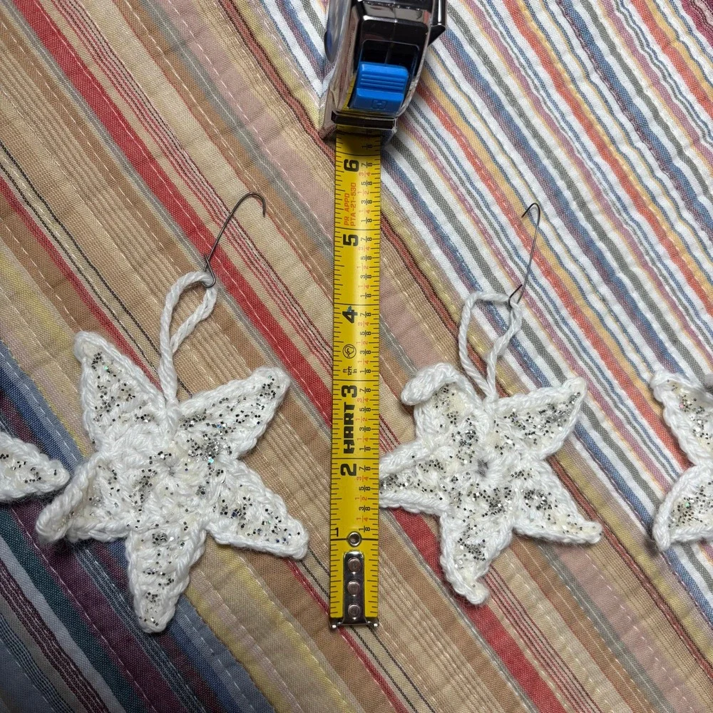 Handmade Crochet Christmas Ornaments Set of 8 Red Wreaths and Glitter Stars